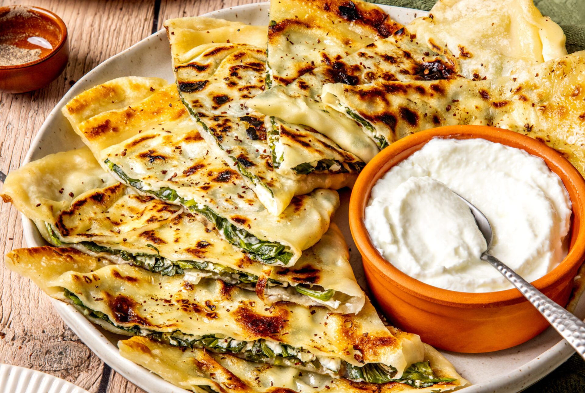 Breakfast served on a wooden table
